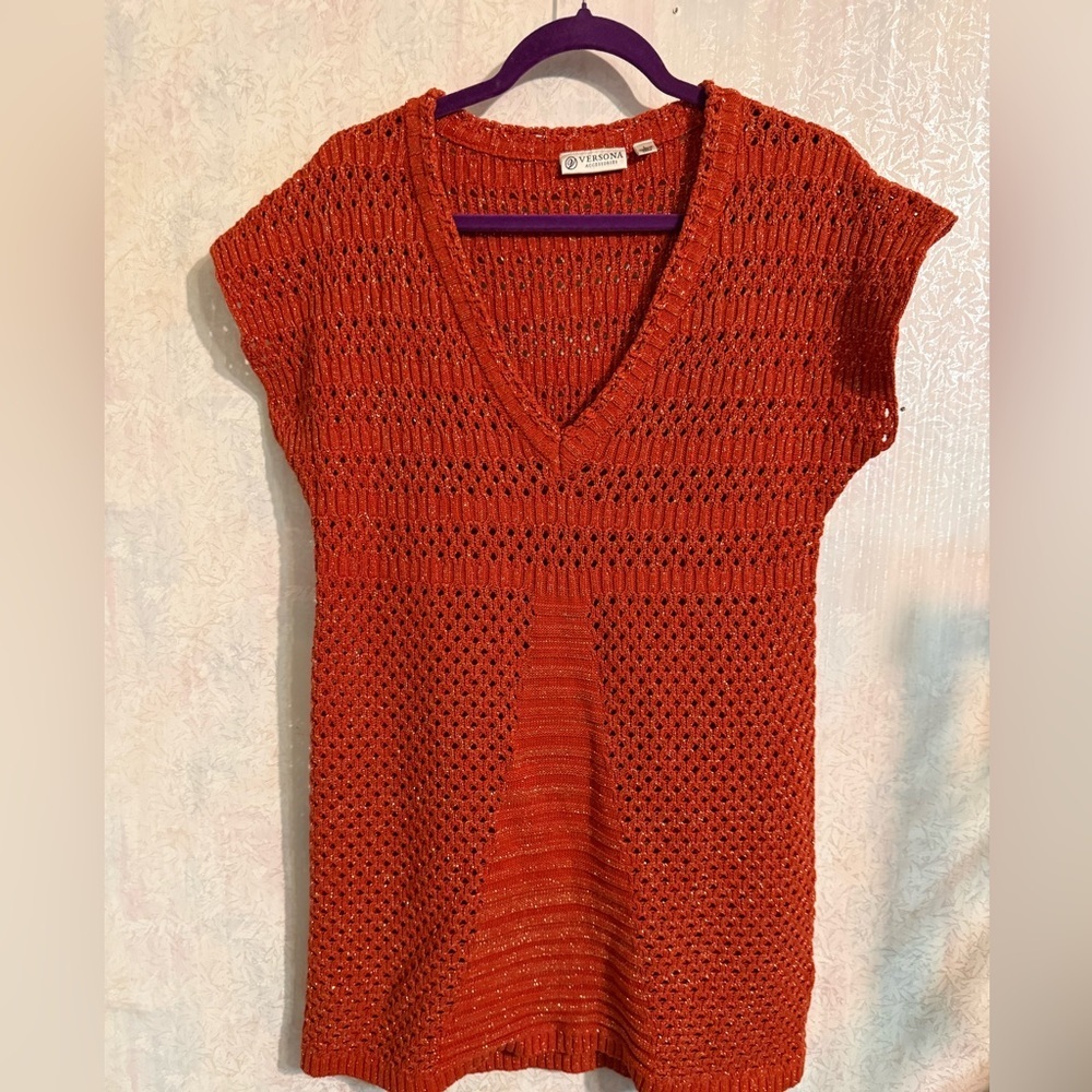 Versona Sparkle Open-Knit V-Neck‎ Swimsuit Coverup Tunic in Rust, Cotton Blend L